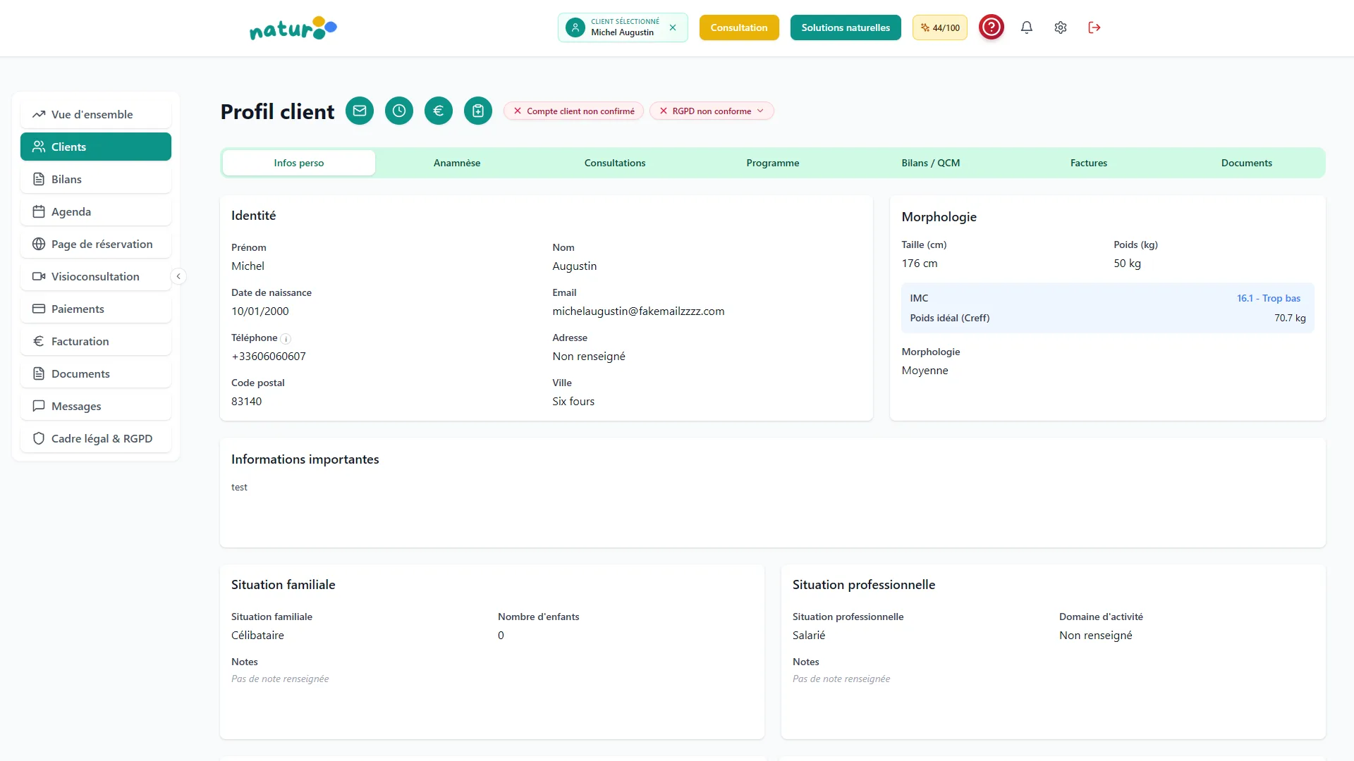 Profil client Naturooo - onglets bilans et formulaires naturopathe