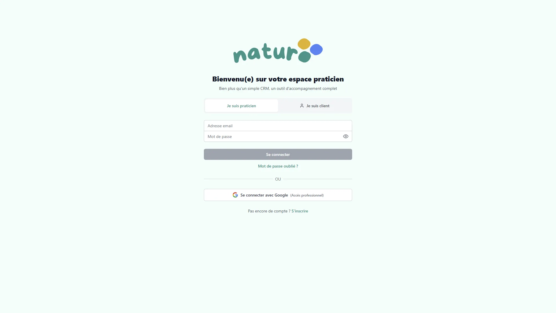 Écran de connexion Naturooo pour praticiens naturopathes - logiciel gestion cabinet Écran de connexion Naturooo pour praticiens naturopathes - logiciel gestion cabinet