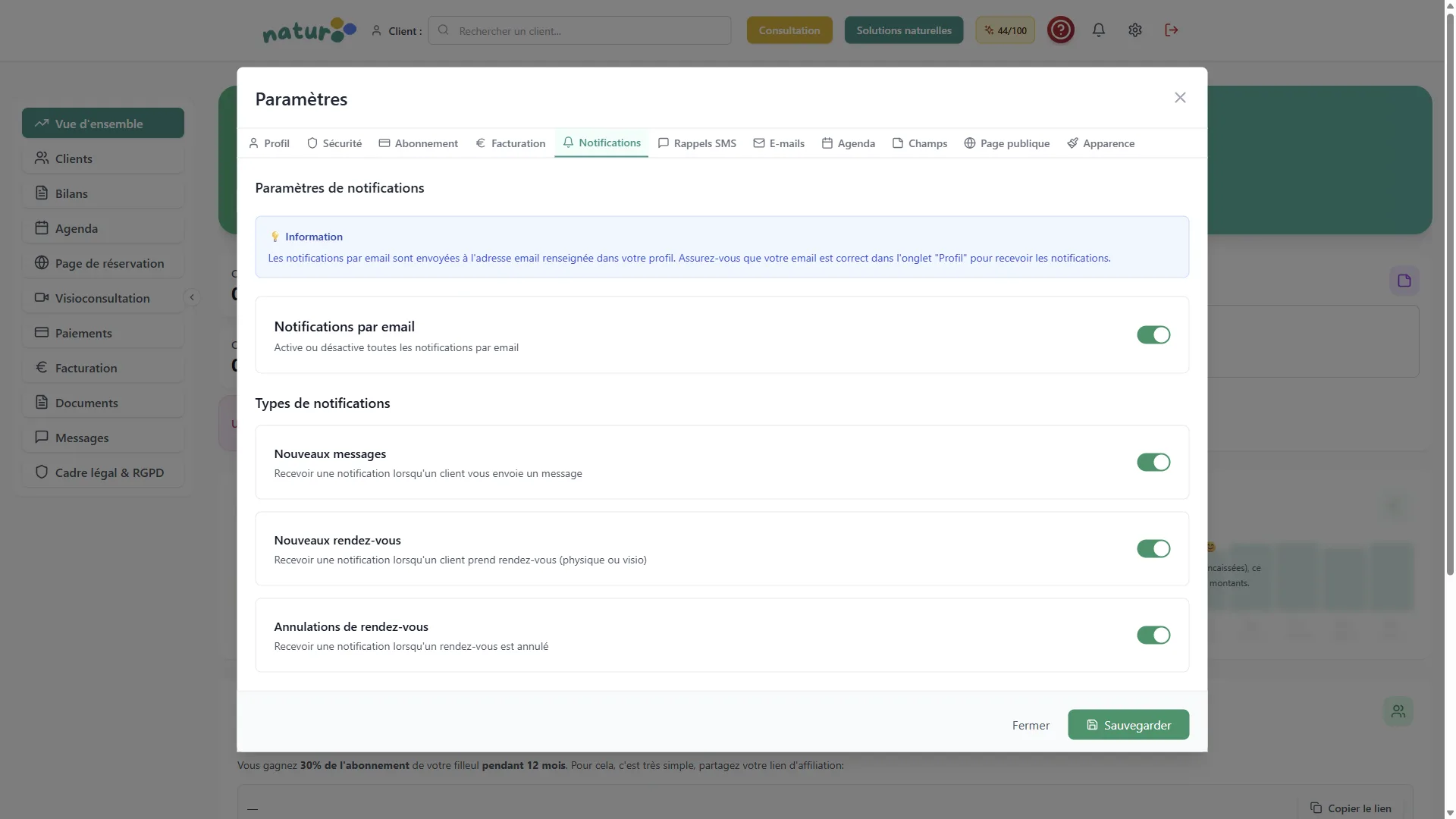 Préférences Naturooo - interface et notifications praticien Préférences Naturooo - interface et notifications praticien